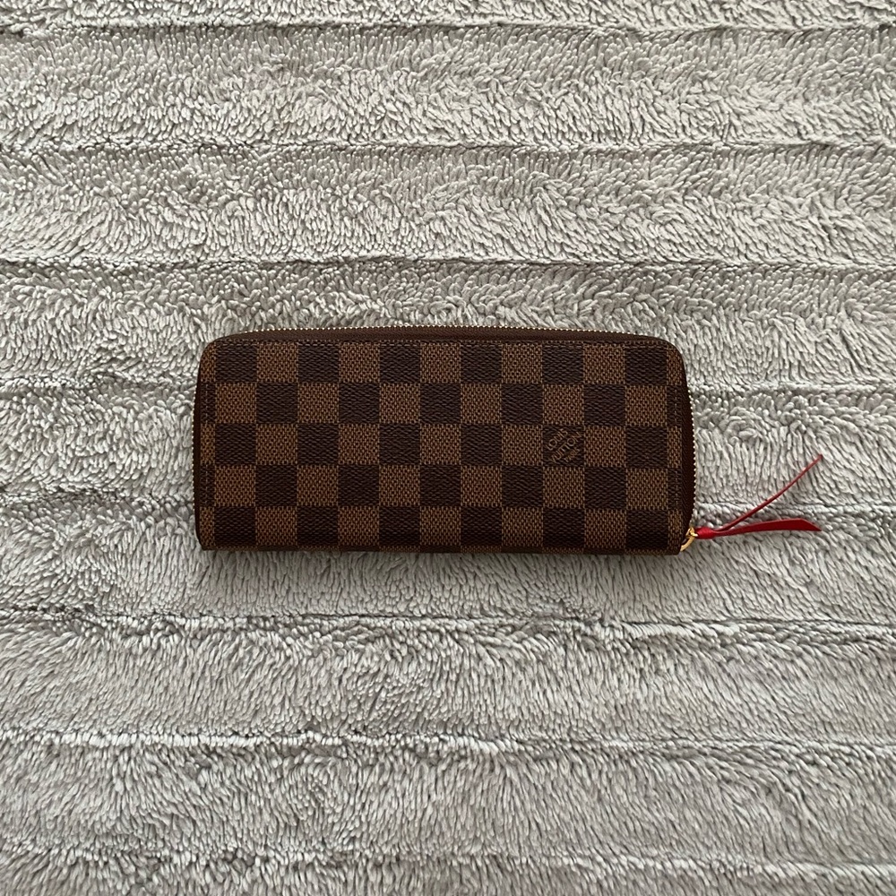 Louis Vuitton Damier Ebene Zip-Around Wallet with Red Pull Tab
